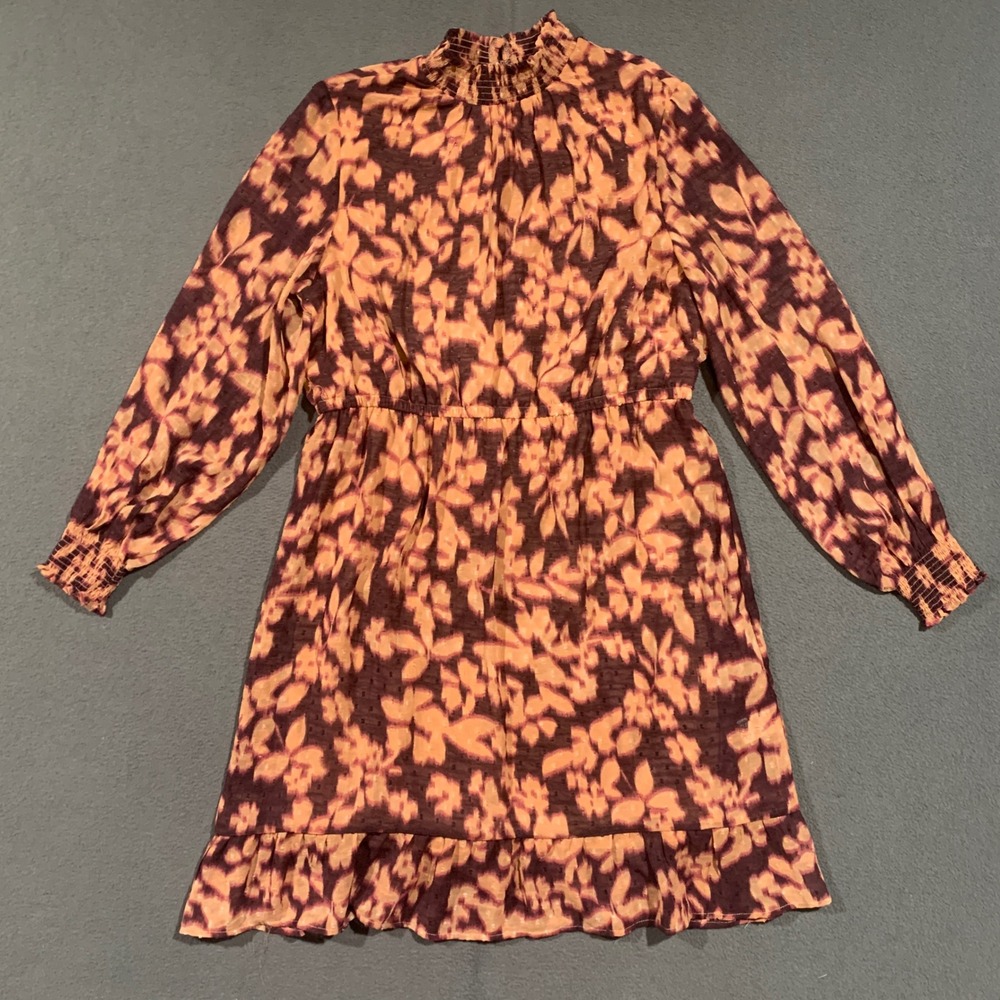Bobeau Abstract Mock Neck Mini Dress Sheer Sleeve Smocked Long Sleeve Lined L
